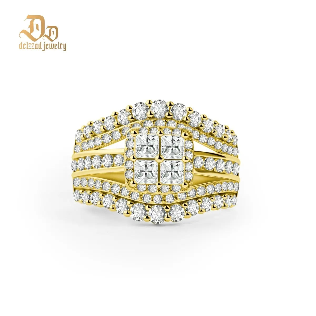 Delzzad 3.2Ct Quad Princess Halo Ring Grand Symphony Bridal Wedding Engagement Ring Band Princess Cut VVS Synthetic Moissanite Ring Jewelry Copper Band Perfect Birthday Engagement Wedding Anniversary Christmas Valentine'S Day Gift